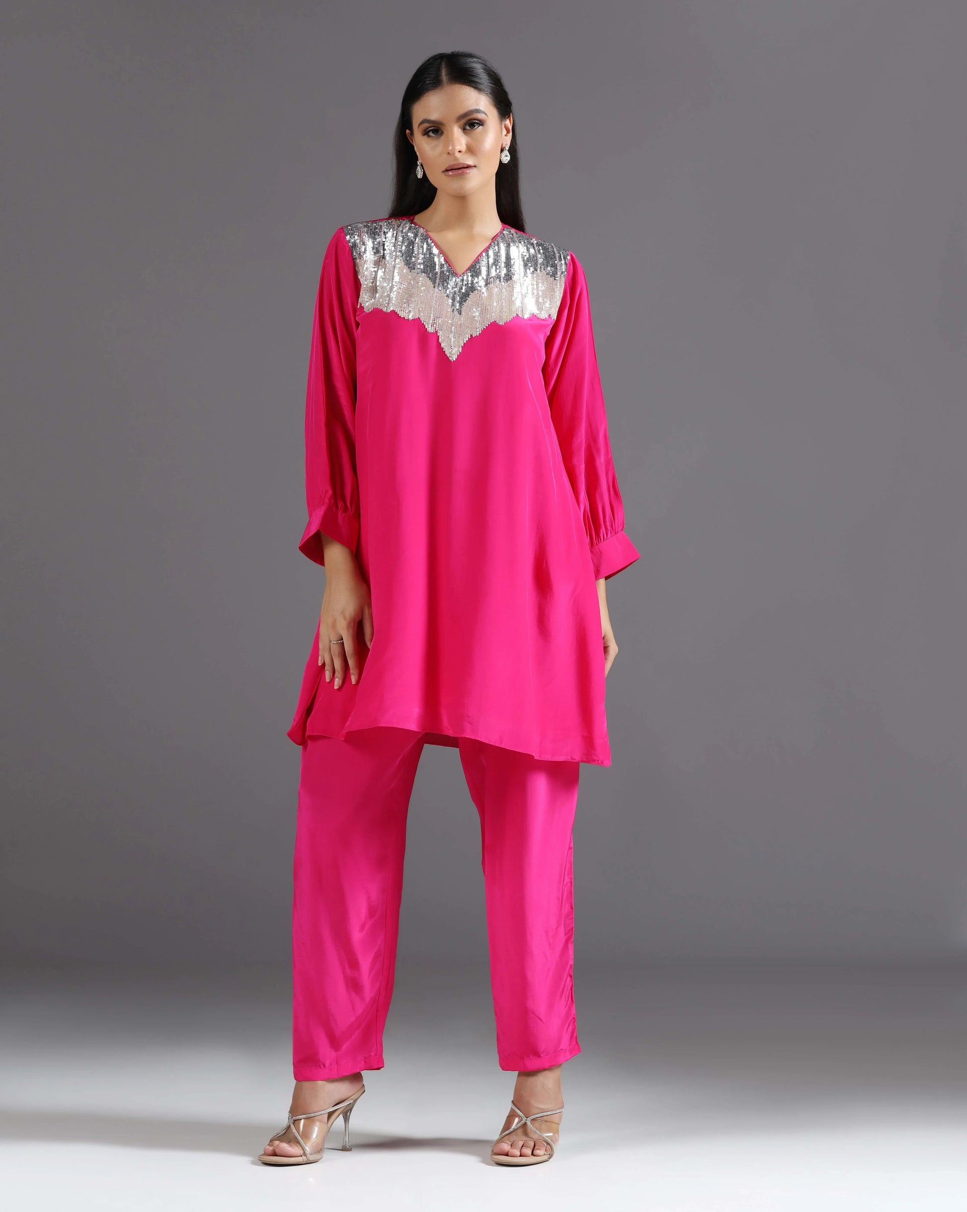 Women's fuchsia crepe sequins embroidered co-ord set — RNG REZA