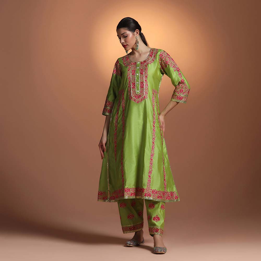 Green chanderi embroidered co-ord