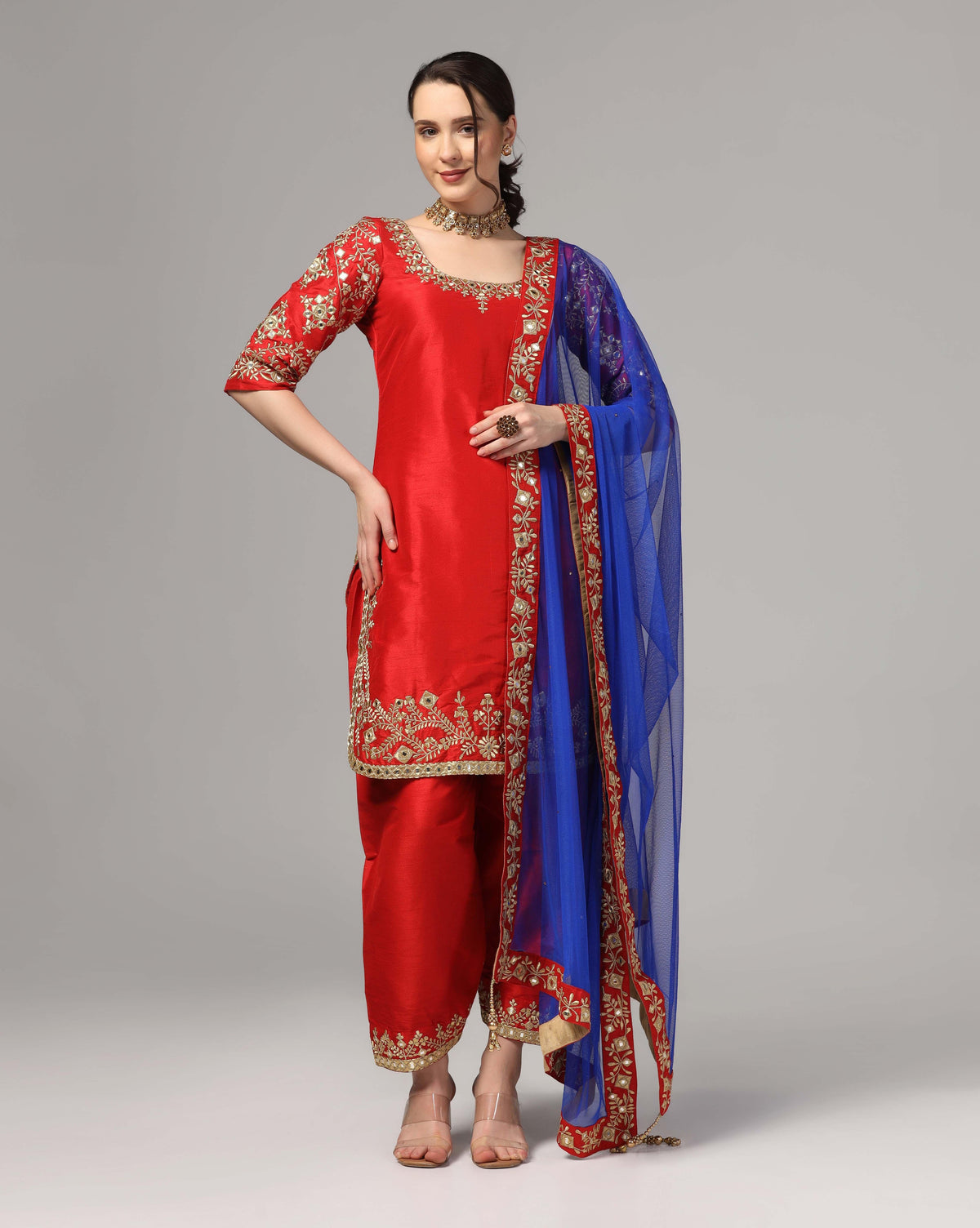Red dupion silk kurta set with blue dupatta and mirror work — RNG REZA