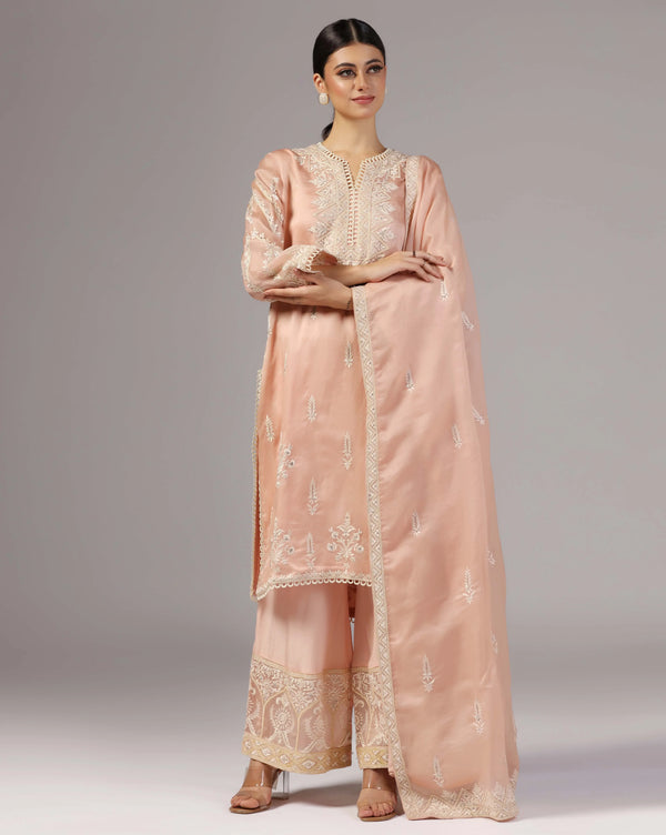 Peach Glow Organza Suit With Thread Embellishments