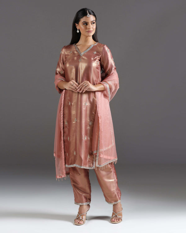 Rose Gold Radiance Tissue Kurta Pant With Handcrafted Detaling