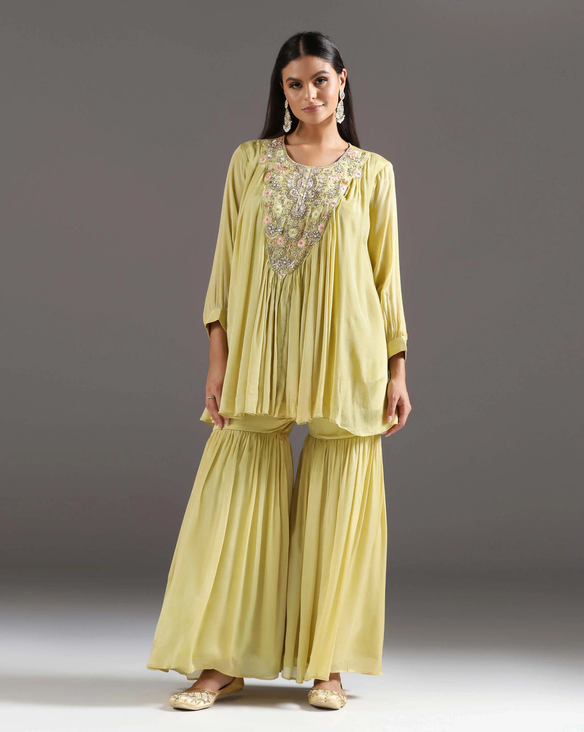Women's green embroidered short kurti with chiffon sharara — RNG REZA