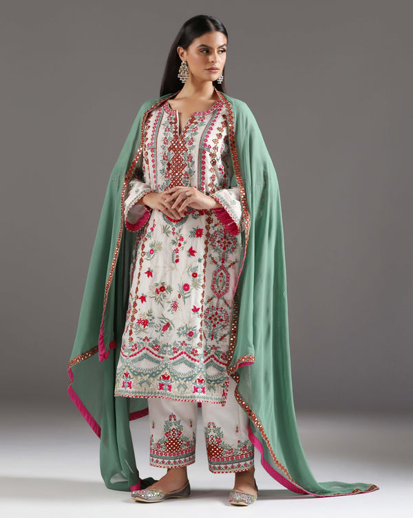 Ivory Glow, Chanderi Suit With Mirror & Thread Work