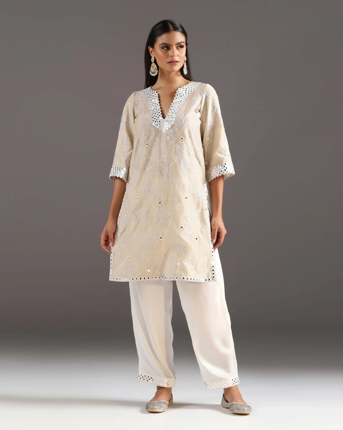 Women's ivory mirror embroidered kurti — RNG REZA