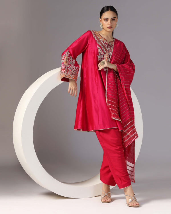 Chanderi Red Dori Embroidery Kurta Set