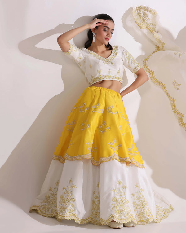 Off-white yellow pearl embroidered lehenga