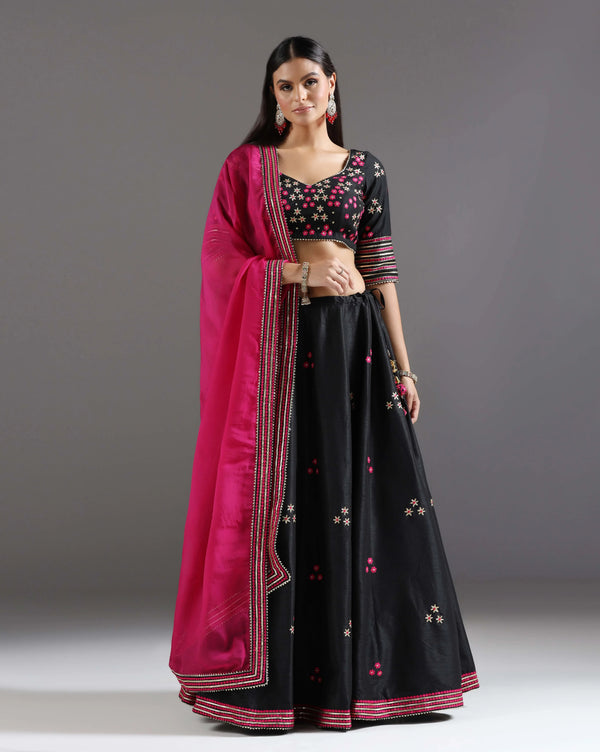 Black Chanderi Embroidered Gotta Lehenga