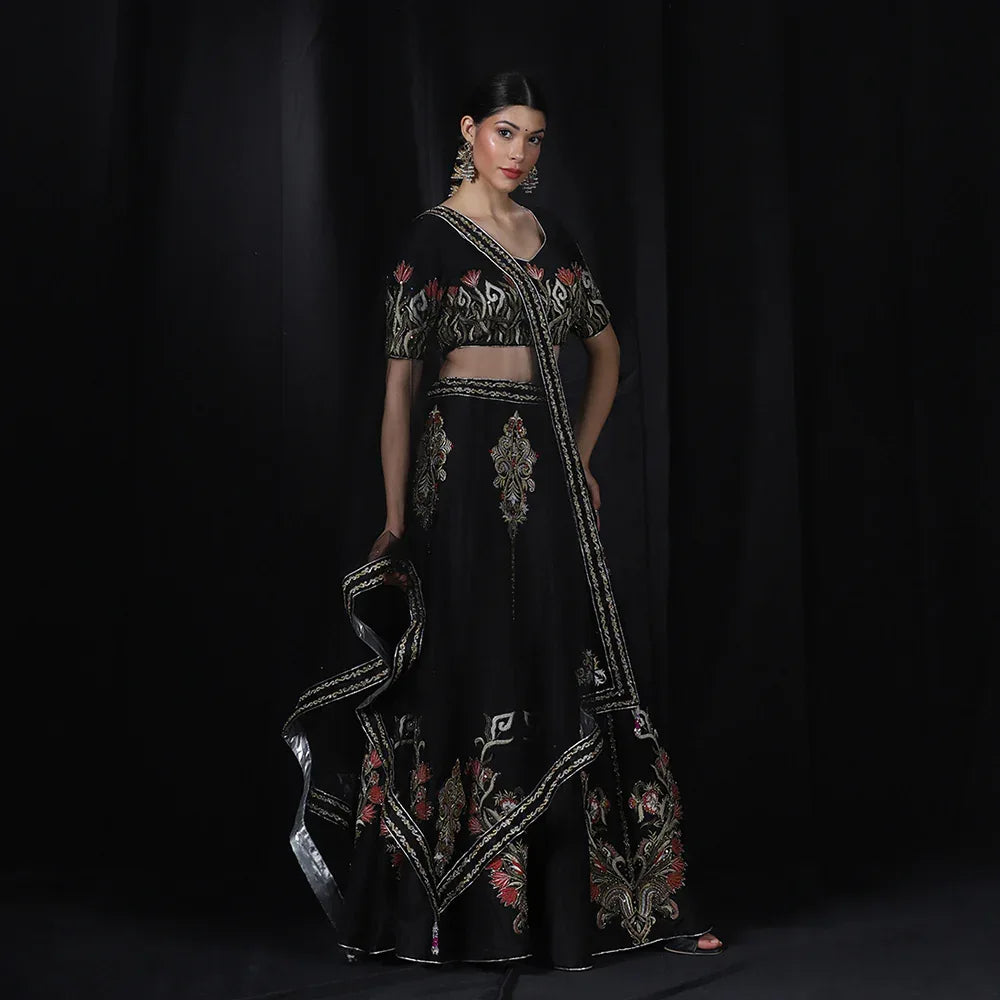 Black multi-thread embroidered lehenga for women — RNG REZA