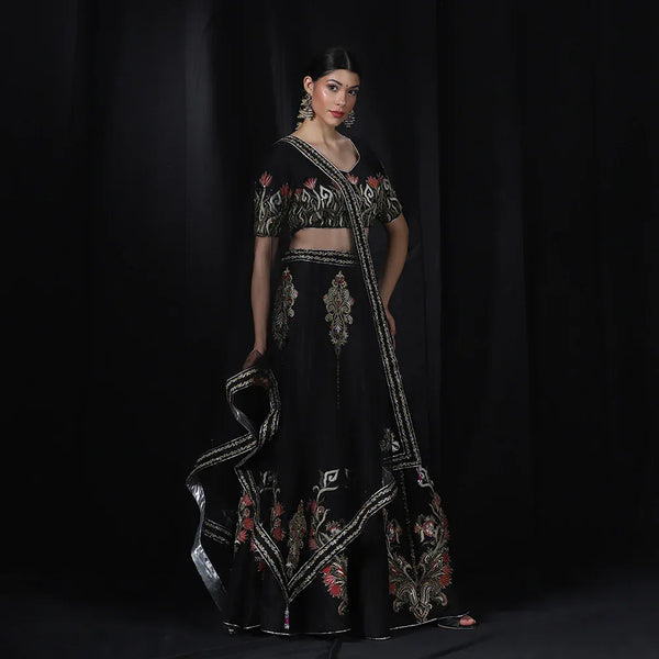 Black Multi Thread Embroidered Lehenga