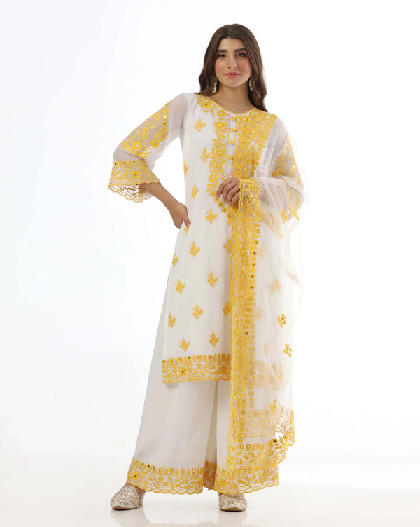 Sunshine Mirror Yellow Kurta Palazzo Set With Aari Detailing
