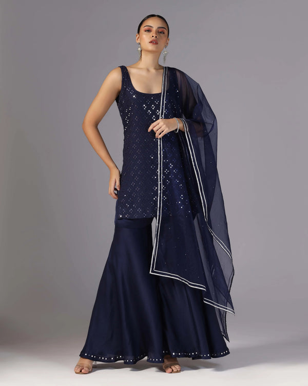Cosmic Blue Mirror Kurti With Chiffon Sharara