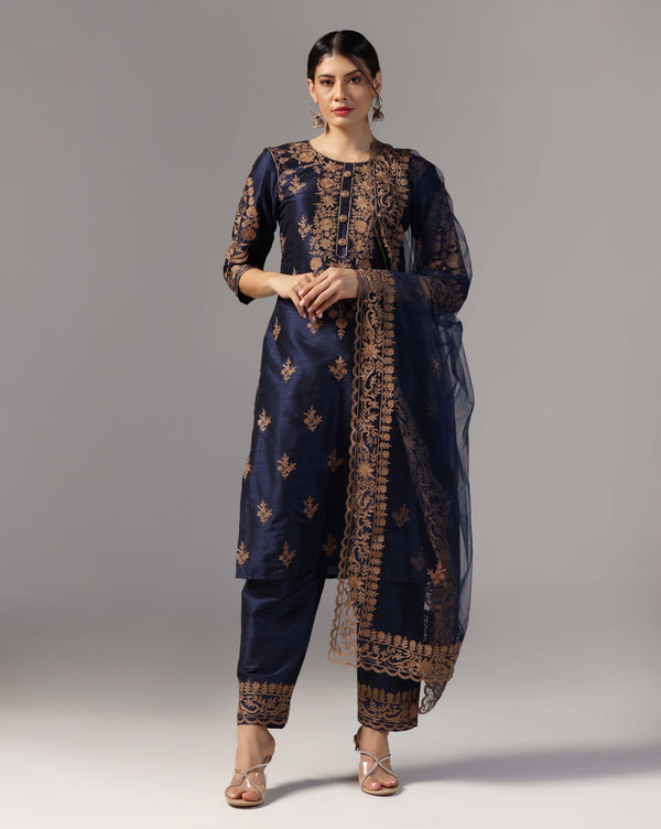 Thread  Embroidered Navy Blue Kurta With Pant & Dupatta