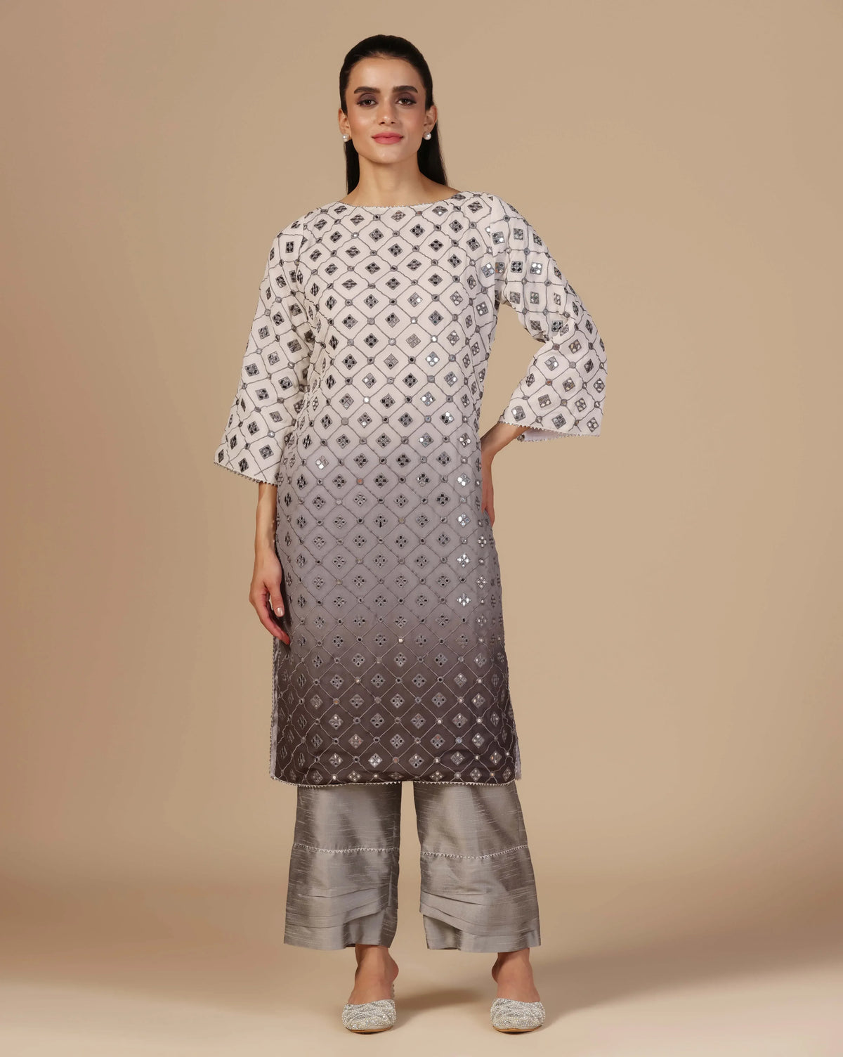 Ombre grey mirror work georgette kurti for women — RNG REZA