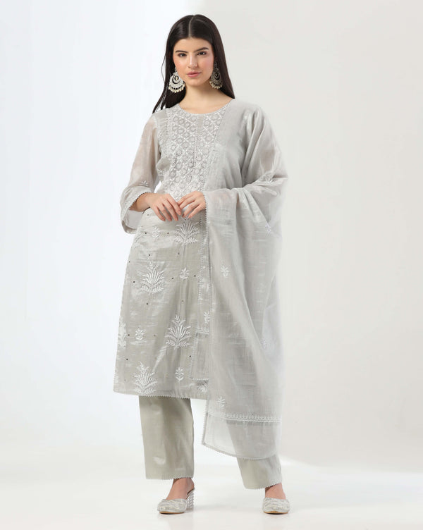 Silver Chikankari Kurta Set