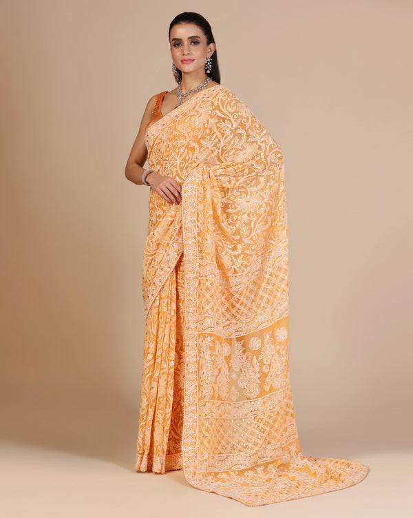 Orange Chikenkari Saree With Unstitched Blouse