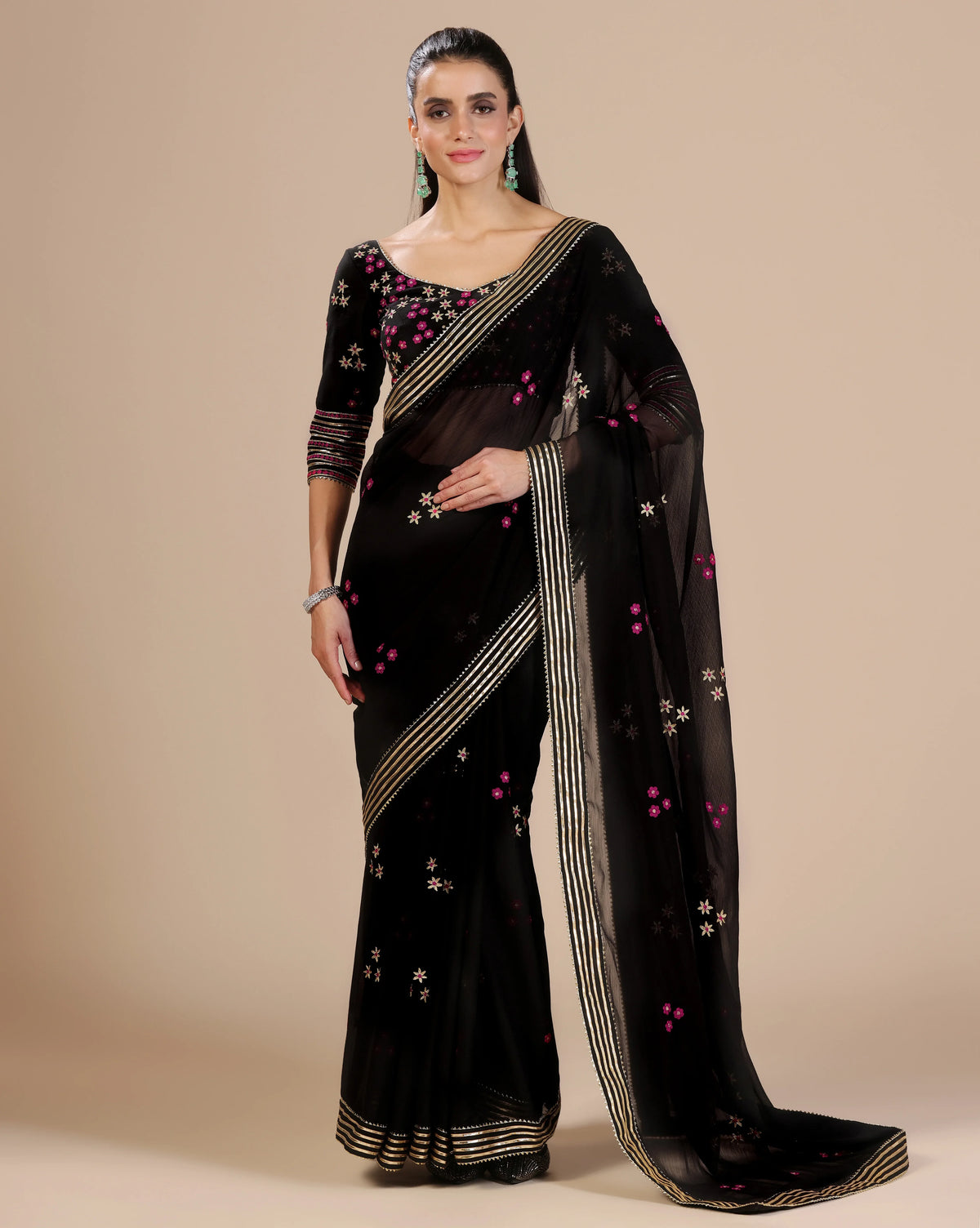 Black gotta work chiffon saree with unstitched blouse — RNG REZA