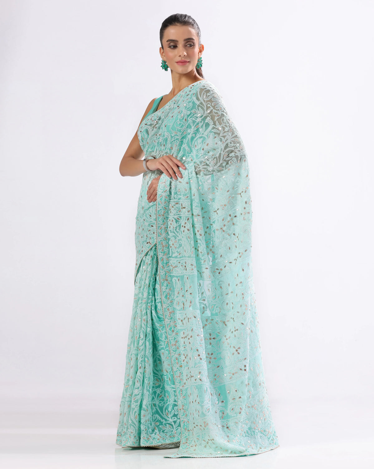 Sea Blue Chikankari Saree With Unstitched Blouse