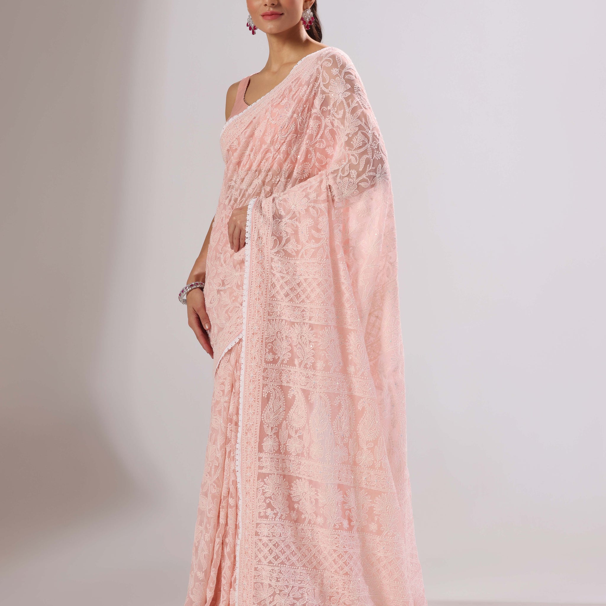 Peach chikankari saree