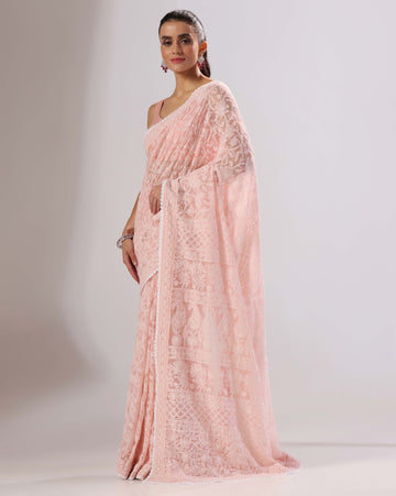 Peach chikankari saree