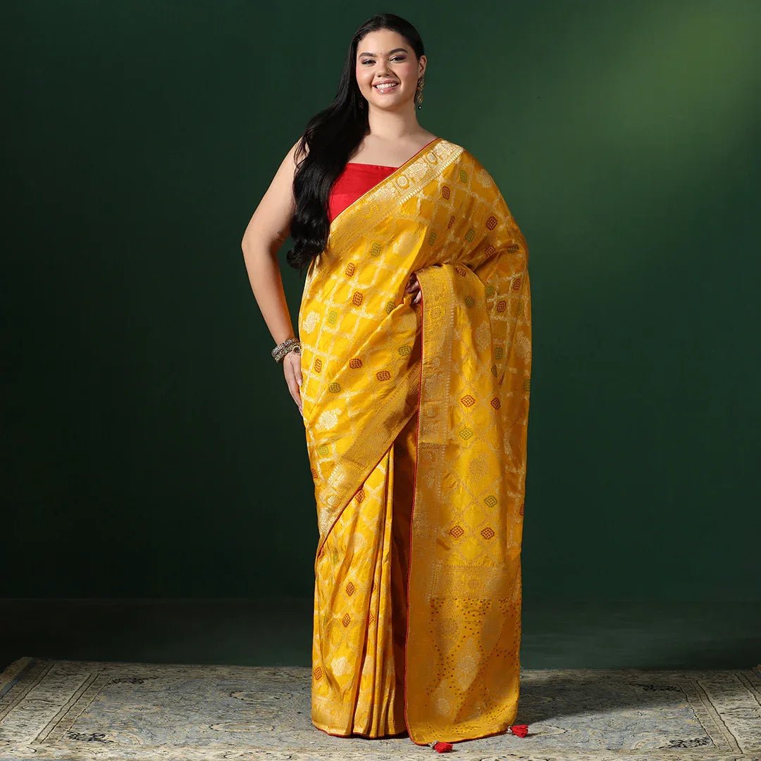 Yellow Bandhani Georgette Saree With Unstitched Blouse