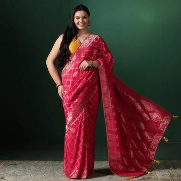 Red bandhani georgette saree with unstitched blouse