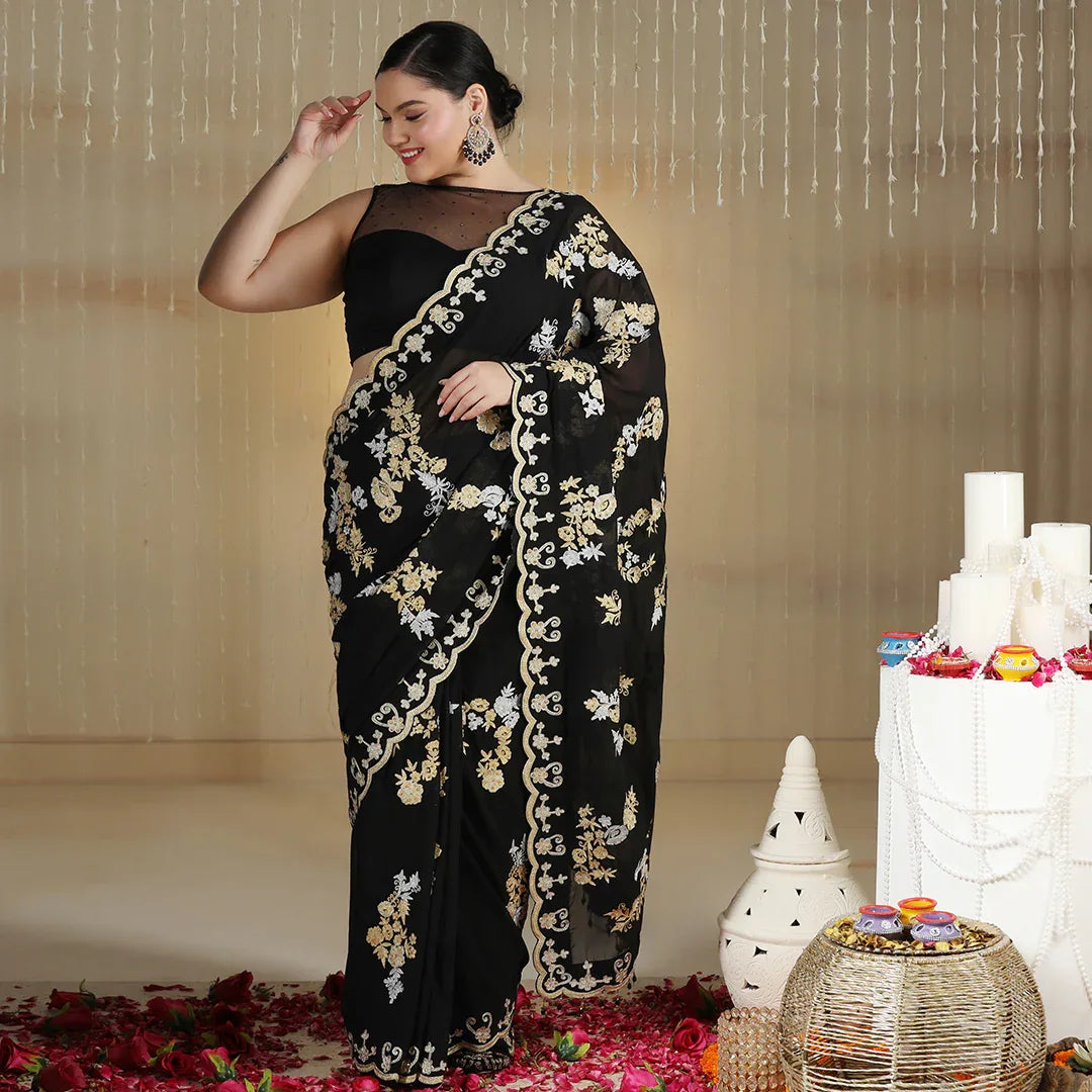 Black cutdana chiffon saree with stitched blouse — RNG REZA