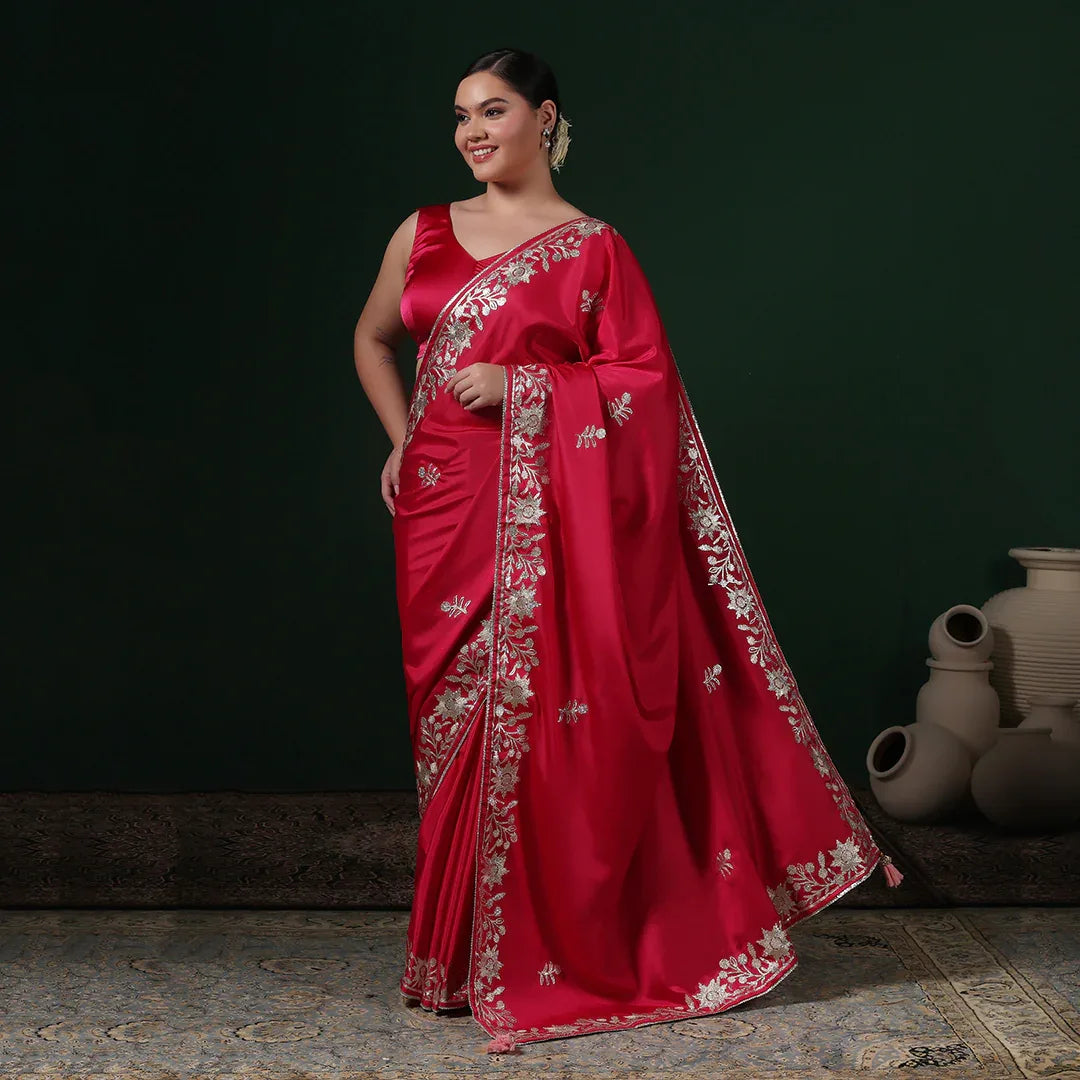 Red Gotta Crepe Saree With Unstitched Blouse
