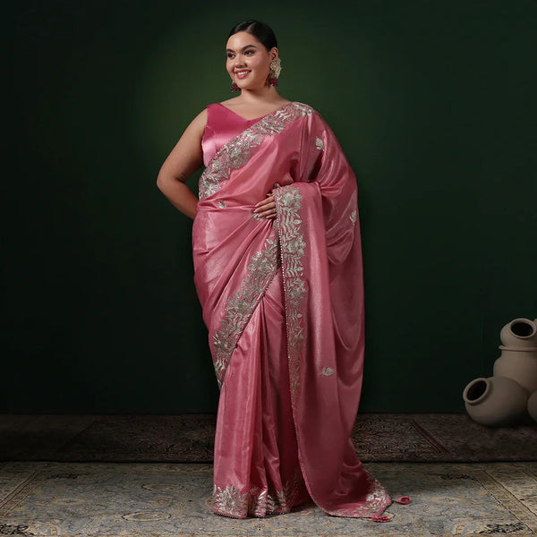 Pink Gotta Crepe Saree With Unstitched Blouse
