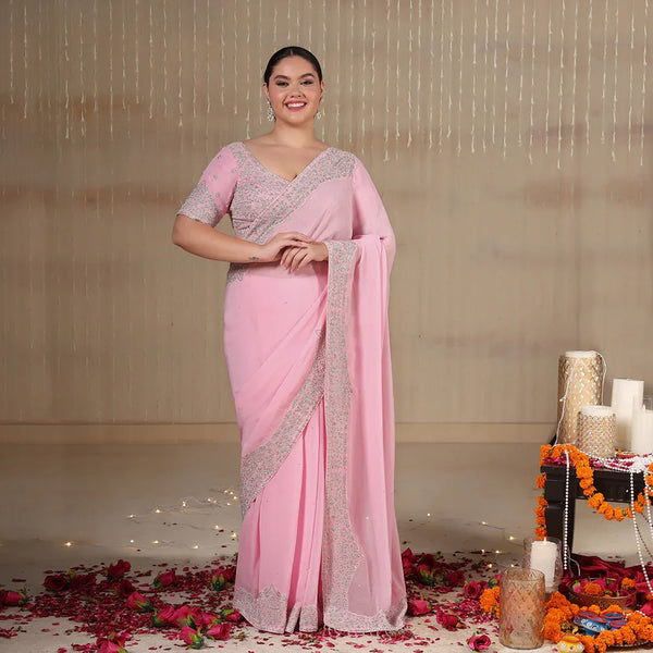 Pink Zari Embroidered Georgette Saree With Blouse