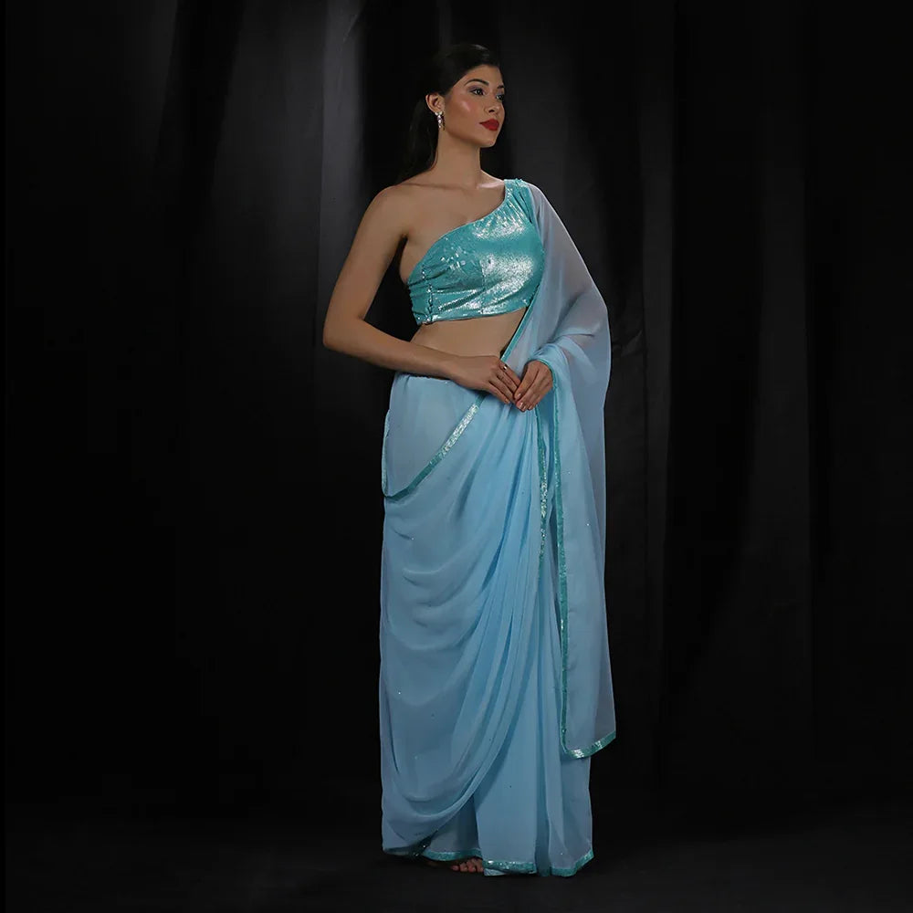 Blue sequin border saree with blouse — RNG REZA