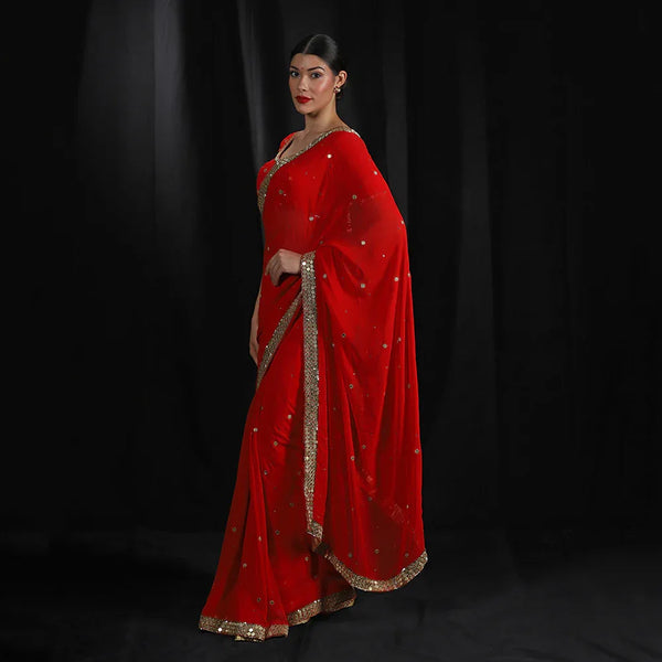 Red Gold Mirror Saree With Unstitched Blouse