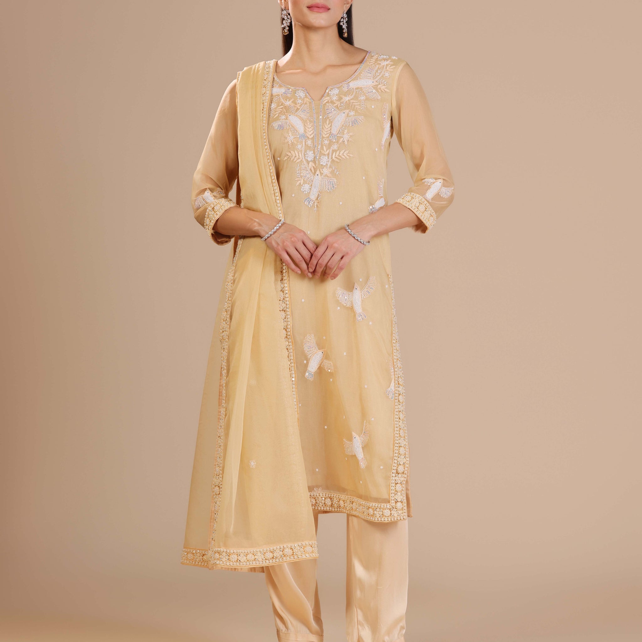 Peach gold organza unstitched suit with dupatta