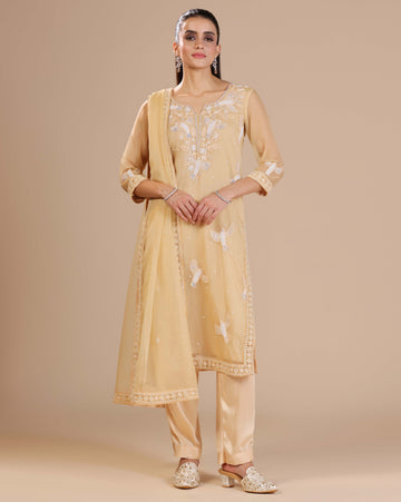 Peach gold organza unstitched suit with dupatta
