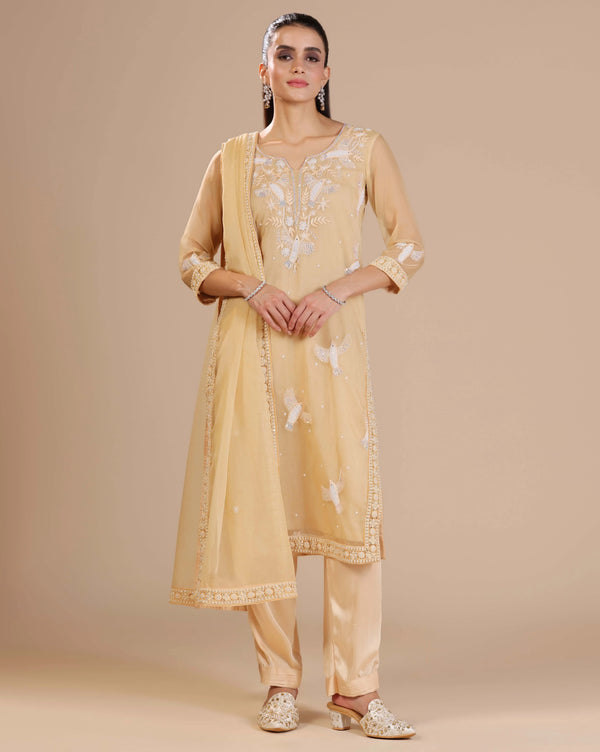 Peach Gold Organza Unstitched Suit With Dupatta