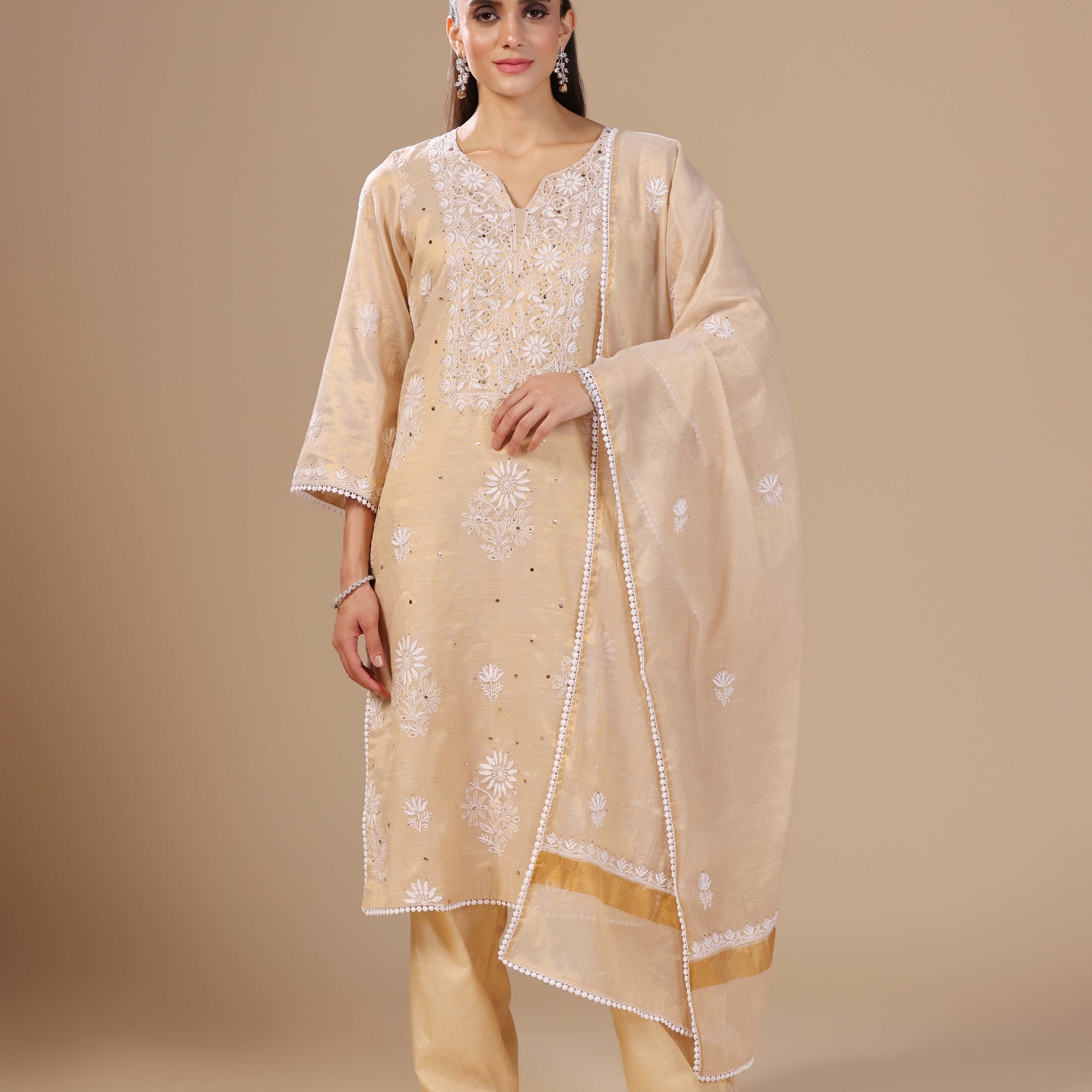 Gold chikankari unstitched suit