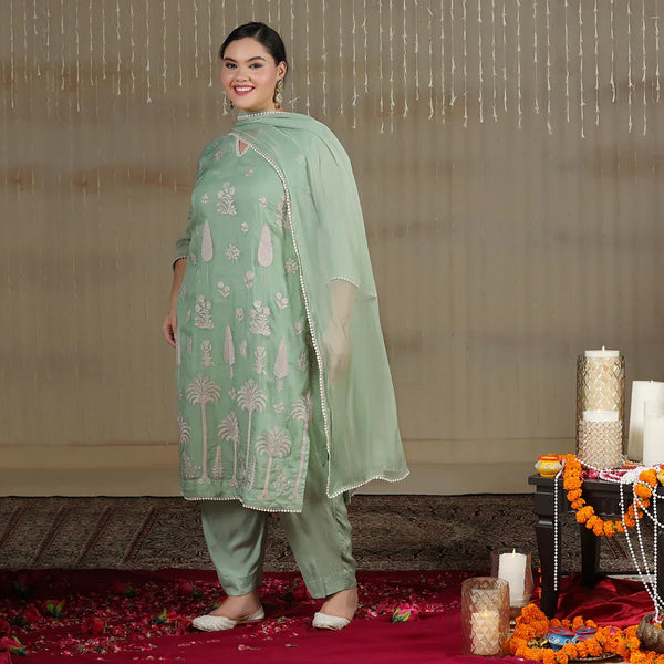 Green Organza Embroidered Unstitched Suit