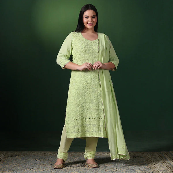 Green Mukesh Chikankari Unstitched Suit