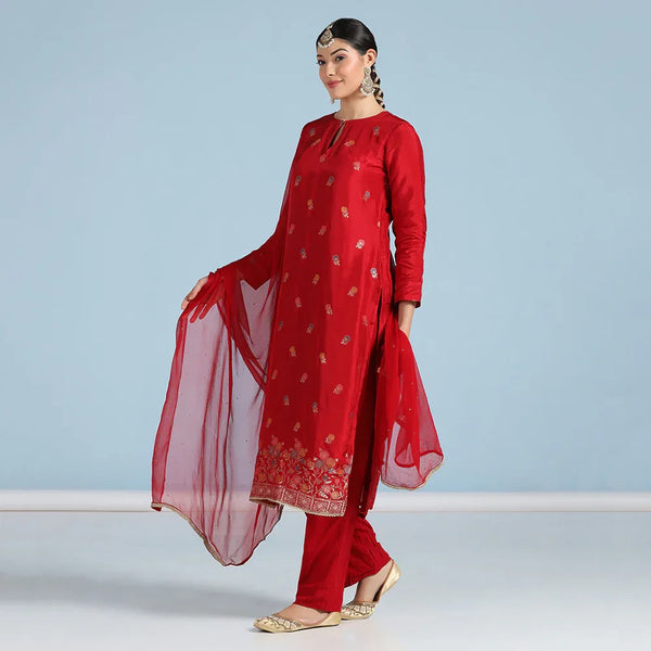 Red Banarasi Unstitched Suit