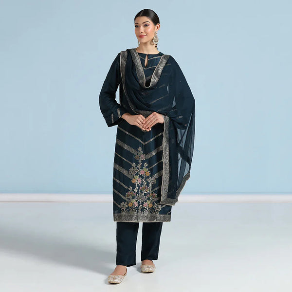 Navy Blue Banarasi Unstitched Suit