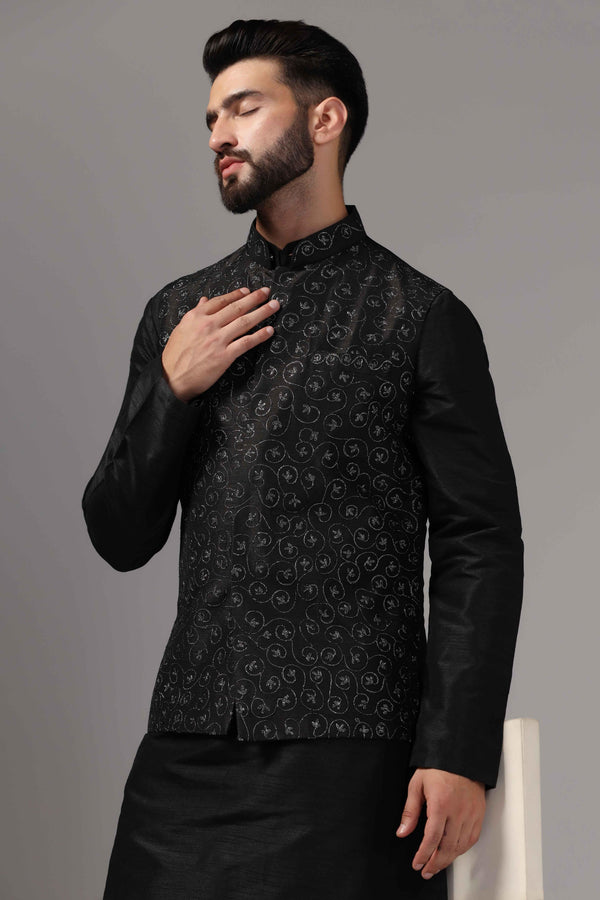 Black Resham ari & zari embroidery work - Only Nehru Jacket