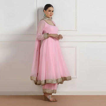 Pink Georgette Anarkali With Gold Lace Accents