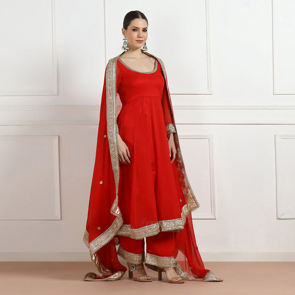 Red Georgette Anarkali With Gold Lace Accents