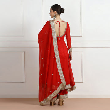 Red Georgette Anarkali With Gold Lace Accents