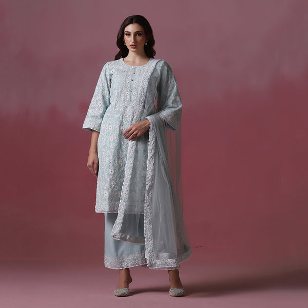 Pastel Blue Dori Embroidered Kurta Set with Dupatta