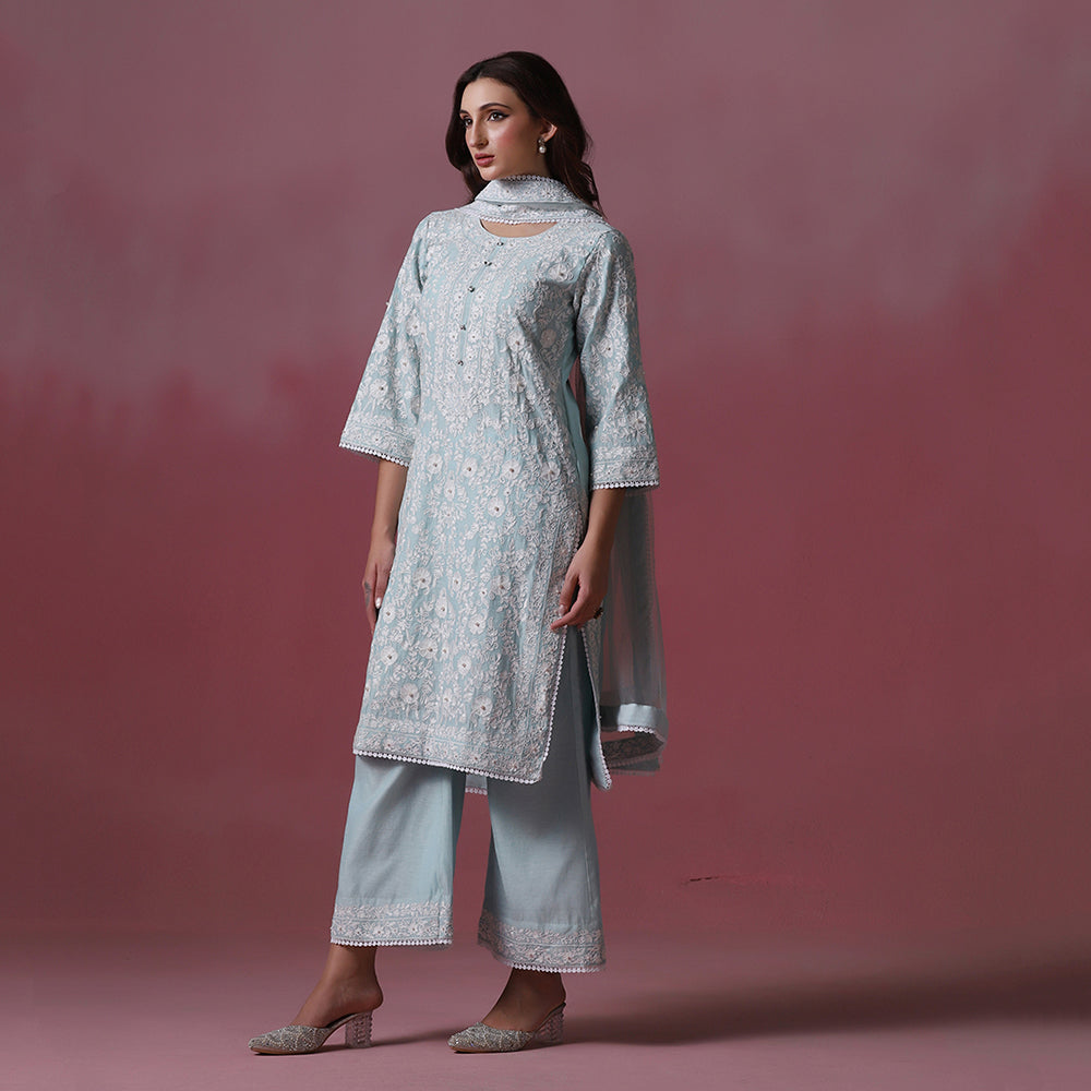 Pastel Blue Dori Embroidered Kurta Set with Dupatta