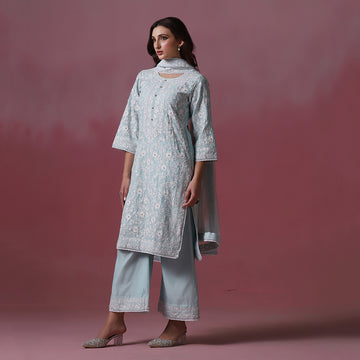 Pastel Blue Dori Embroidered Kurta Set with Dupatta