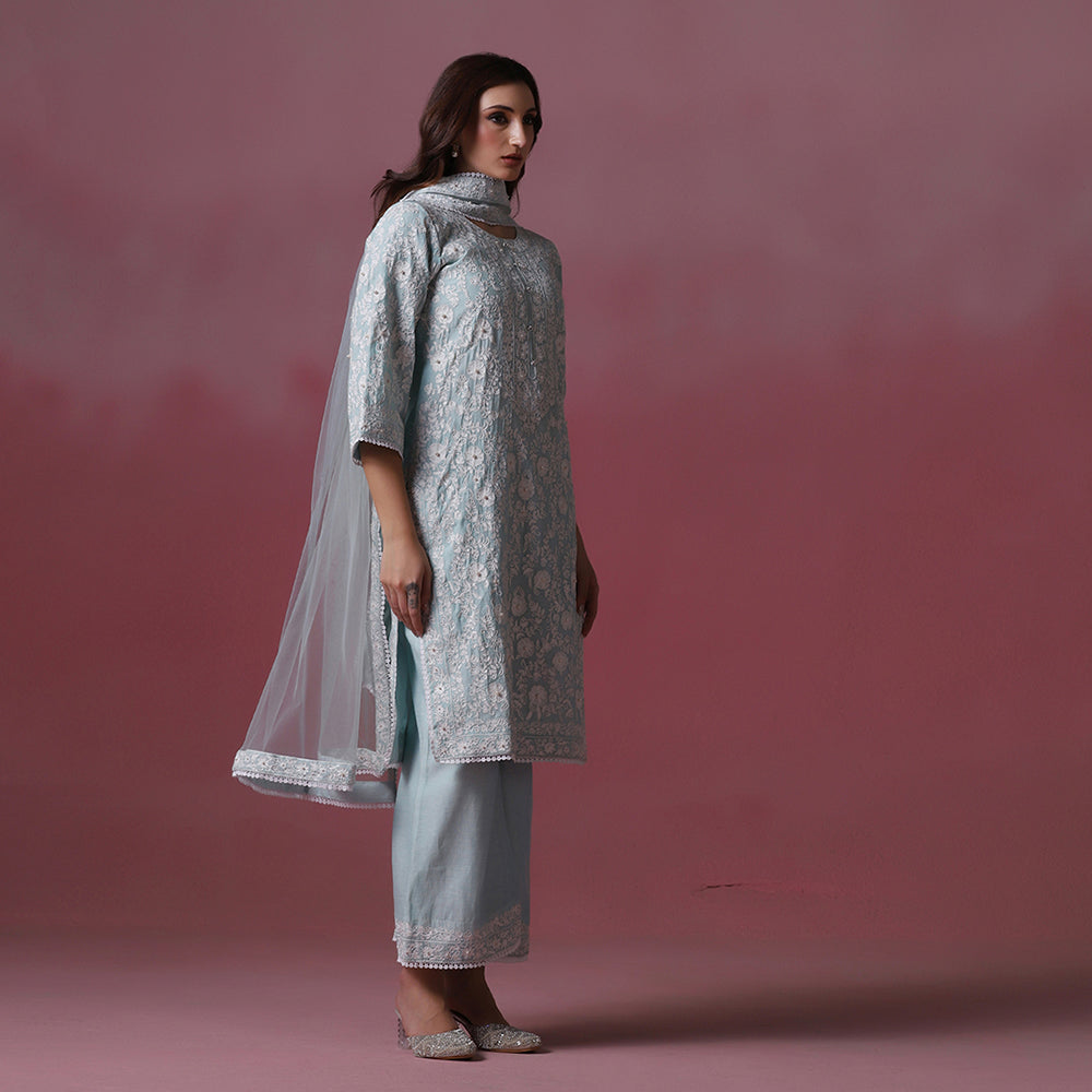 Pastel Blue Dori Embroidered Kurta Set with Dupatta