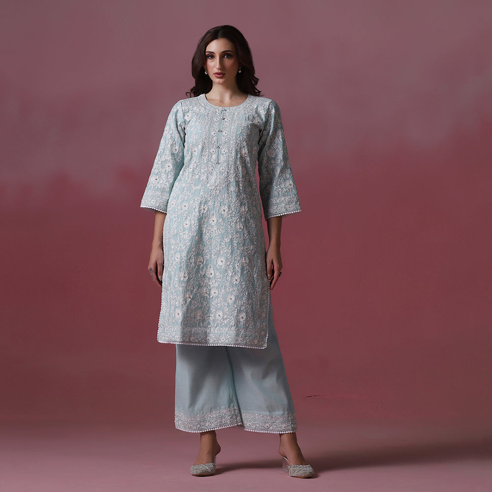 Pastel Blue Dori Embroidered Kurta Set with Dupatta