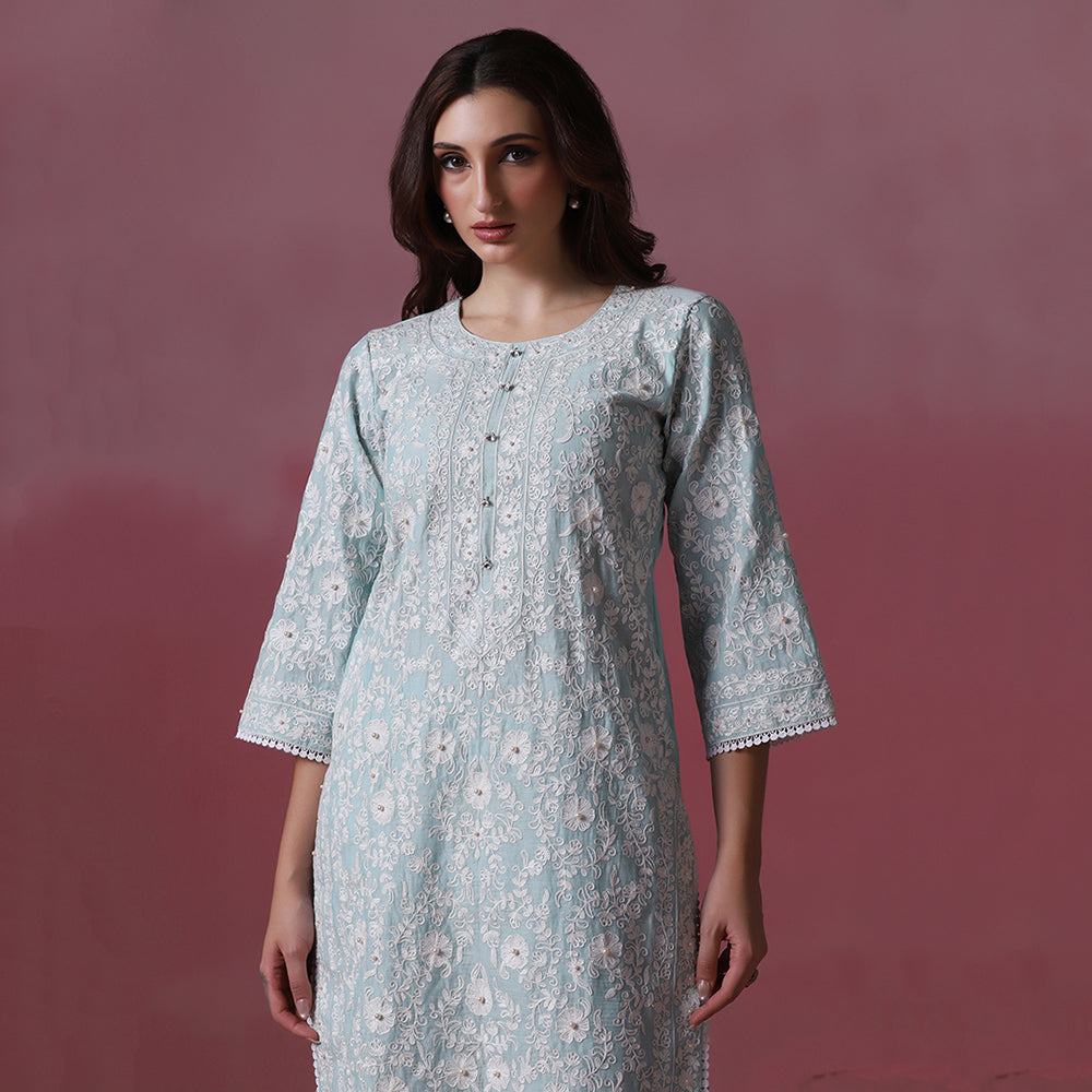 Pastel Blue Dori Embroidered Kurta Set with Dupatta