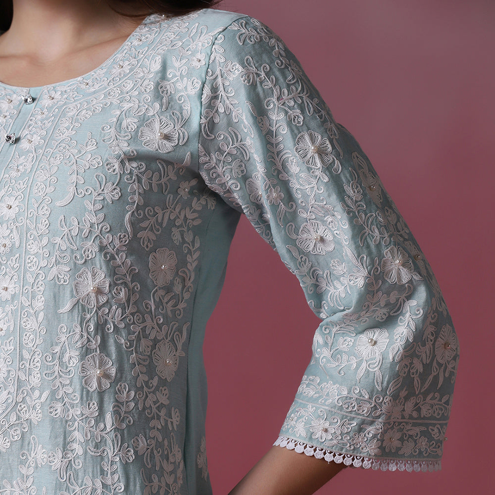 Pastel Blue Dori Embroidered Kurta Set with Dupatta